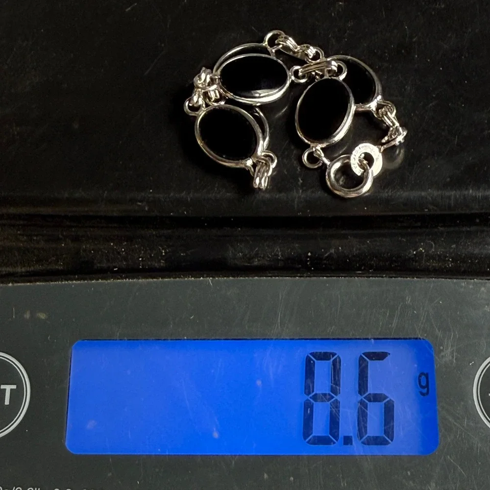 Vintage Sterling Silver Link Bracelet Signed LF Black Polished Stone  7